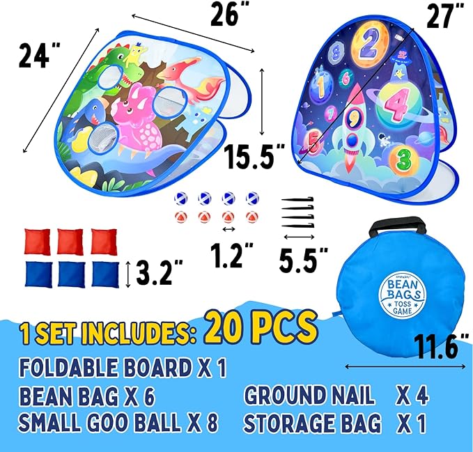 2 in-1 Dinosaur and Spaceship-Themed 27-inch Bean Bag Toss Game Set for for 1-2 Players, Backyard Games, Family Party, Birthday, for Toddlers Ages 3 4 5 6 Year Old- Amazon Exclusive