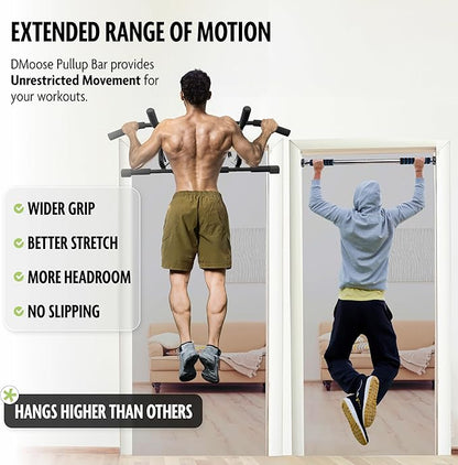 DMoose Fitness Pull Up Bar for Doorway - Upto 250 Lbs Capacity, No Screwing or Slipping, Hanging Pullup & Chin Up Bar for Door Frame - Multi Padded Grips for Strength Training with Installation Guide