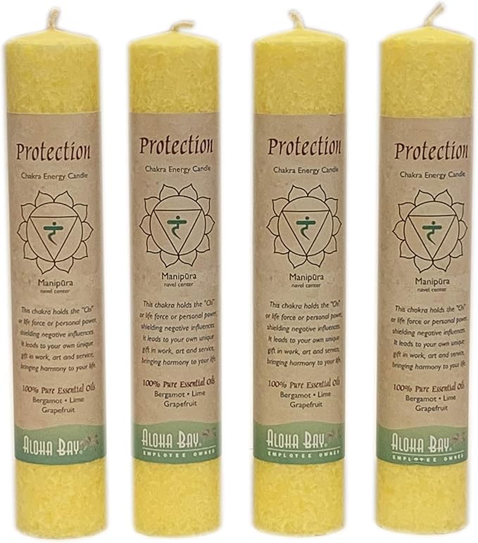 Premium Scented Candle Hand Made Chakra Energy Pillar | 4-pack | Protection, Manipura | Yoga, Prayer & Meditation Candle | Long Burn 15 Hours |Essential Oils of Bergamot, Lime & Grapefruit | Aloha Bay