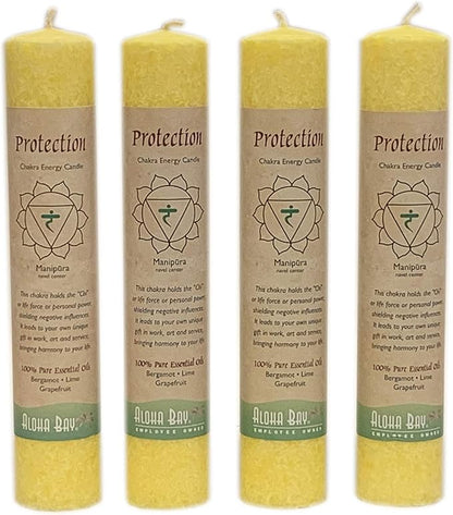 Premium Scented Candle Hand Made Chakra Energy Pillar | 4-pack | Protection, Manipura | Yoga, Prayer & Meditation Candle | Long Burn 15 Hours |Essential Oils of Bergamot, Lime & Grapefruit | Aloha Bay