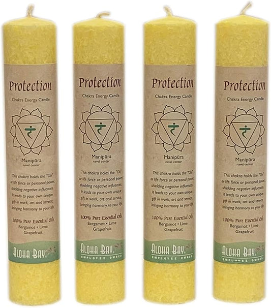Premium Scented Candle Hand Made Chakra Energy Pillar | 4-pack | Protection, Manipura | Yoga, Prayer & Meditation Candle | Long Burn 15 Hours |Essential Oils of Bergamot, Lime & Grapefruit | Aloha Bay