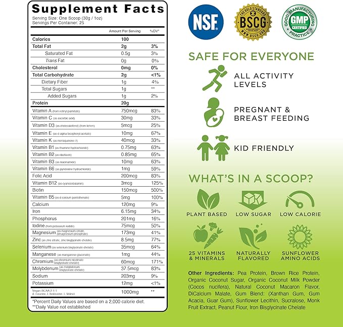 TRU Supplements Plant Based Protein Powder, BCAA, EAA, 20g Vegan Brown Rice & Pea Protein, 100 Calories, 27 Vitamins, No Artificial Flavors 25 Servings (Coconut Macaron)