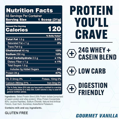 PEScience Select Protein Powder, Whey and Casein Blend, Clean Protein Powder for Women and Men, Low Calorie, Low Carb, Keto Friendly, Gluten Free - Gourmet Vanilla - 55 Servings