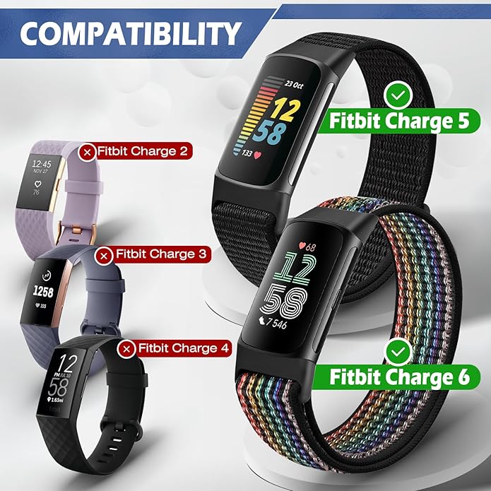Sport Loop Nylon Watch Bands Compatible with Fitbit Charge 6/5, Adjustable Breathable Replacement Soft Nylon Loop Wristband for Women/Men