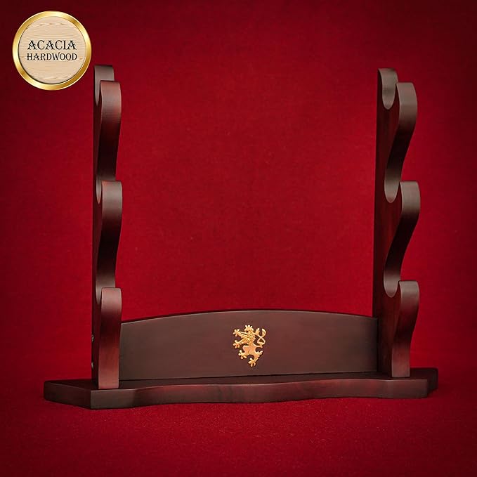 Mythrojan Medieval Sword Stand Solid Wood Horizontal Display Rack for Katana, Samurai, Gladiator, Crusader Swords Elegant Tabletop Holder, 3-Tier - Dark Brown