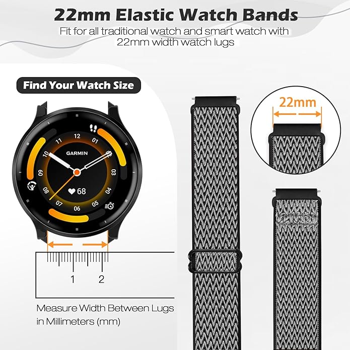 2 Pack Elastic Ankle/Arm Watch Bands Compatible with Garmin Venu 3/Venu 2/Vivoactive 4, Garmin Forerunner 570 47mm/265/255/255 Music, 22mm Sport Nylon Replacement Strap for Amazfit GTR 4/3/2