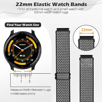 2 Pack Elastic Ankle/Arm Watch Bands Compatible with Garmin Venu 3/Venu 2/Vivoactive 4, Garmin Forerunner 570 47mm/265/255/255 Music, 22mm Sport Nylon Replacement Strap for Amazfit GTR 4/3/2