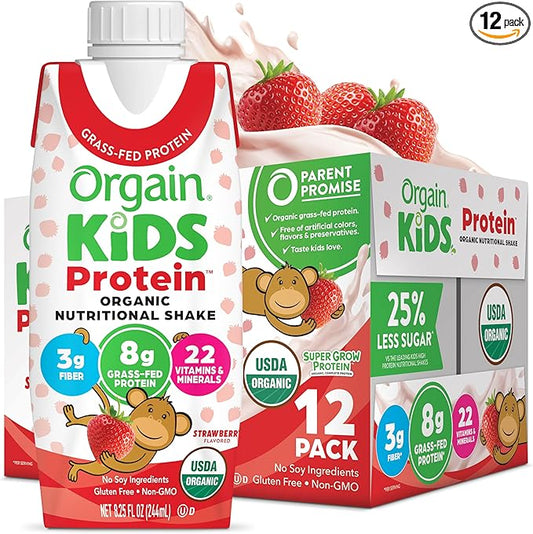 Orgain Organic Kids Protein Nutritional Shake, Strawberry - 8g of Protein, 22 Vitamins & Minerals