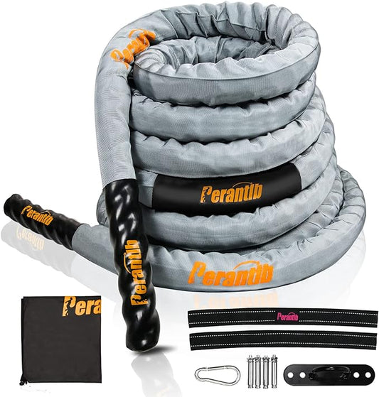 Perantlb Poly Battle Rope with Cloth Sleeve -1.25/1.5/2 Inch Diameter 30' 40' 50' Lengths -Gym Muscle Toning Metabolic Workout Fitness, Battle Ropes for Home Gym