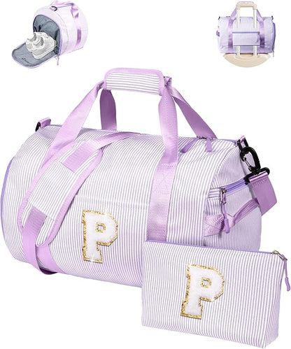 Gifts for Teenage Girls, Girl Gym Bag, Kids Initial Overnight Duffel Bags with Shoe Compartment, Personalized Dance Bag with Makeup Pouch, Gift Ideas for Granddaughter (Letter P)