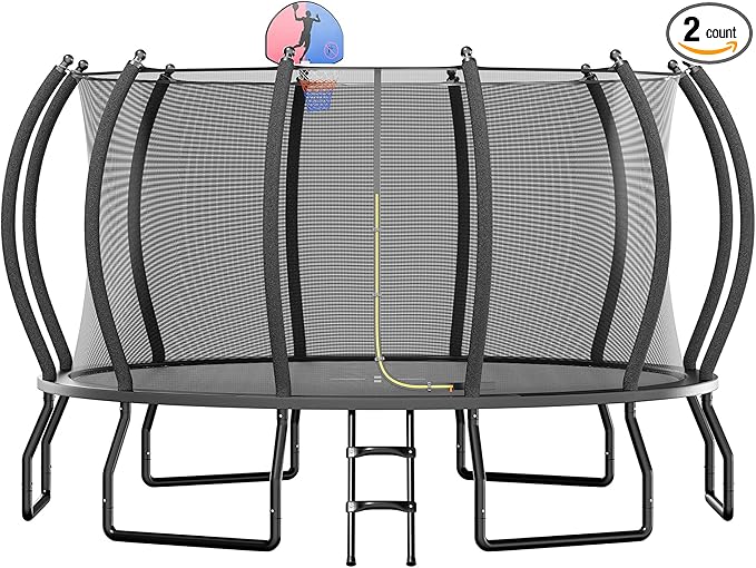 8FT 10FT 12FT 14FT 16FT Trampoline with Pop-up Quick Connector and Basketball Hoop, Trampoline Outdoor with Enclosure, Ladder, ASTM Approval for Kids and Adults