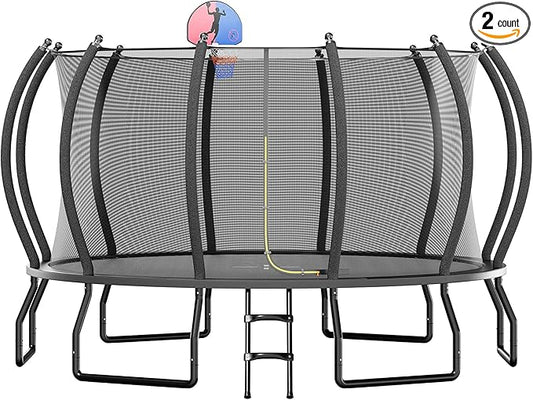 8FT 10FT 12FT 14FT 16FT Trampoline with Pop-up Quick Connector and Basketball Hoop, Trampoline Outdoor with Enclosure, Ladder, ASTM Approval for Kids and Adults