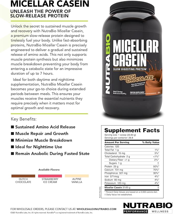 NutraBio Casein Protein Powder, Micellar Casien Powder, 25g Slow Digesting Protein, Helps Keep You Full, Overnight Muscle Recovery & Growth, BCAA & EAA, Gluten Free, Soy Free, 2lb Vanilla