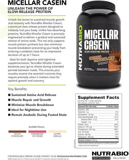 NutraBio Casein Protein Powder, Micellar Casien Powder, 25g Slow Digesting Protein, Helps Keep You Full, Overnight Muscle Recovery & Growth, BCAA & EAA, Gluten Free, Soy Free, 2lb Vanilla