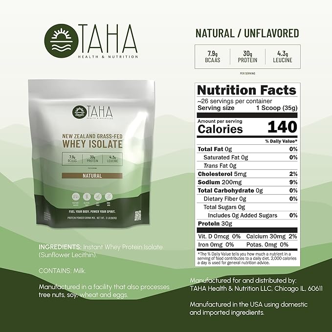 Taha Health & Nutrition Natural Unflavored Whey Protein Isolate, 30g Protein, 7.9g BCAAs, 4.3g Leucine | New Zealand Grass-Fed, Free-Range Dairy | Gluten & Soy Free, Keto, Kosher | 2LB, ~26 Servings