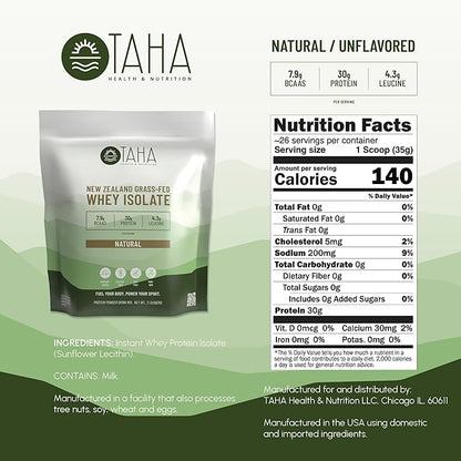 Taha Health & Nutrition Natural Unflavored Whey Protein Isolate, 30g Protein, 7.9g BCAAs, 4.3g Leucine | New Zealand Grass-Fed, Free-Range Dairy | Gluten & Soy Free, Keto, Kosher | 2LB, ~26 Servings