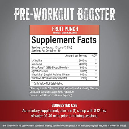 Vigor - Stimulant-Free Nitric Oxide Pre-Workout Powder | L-Citrulline (5000mg), Malic Acid (2000mg), GlycerPump (1500mg)| Fruit Punch| 30 Servings, 13.86g Each | Made in The USA