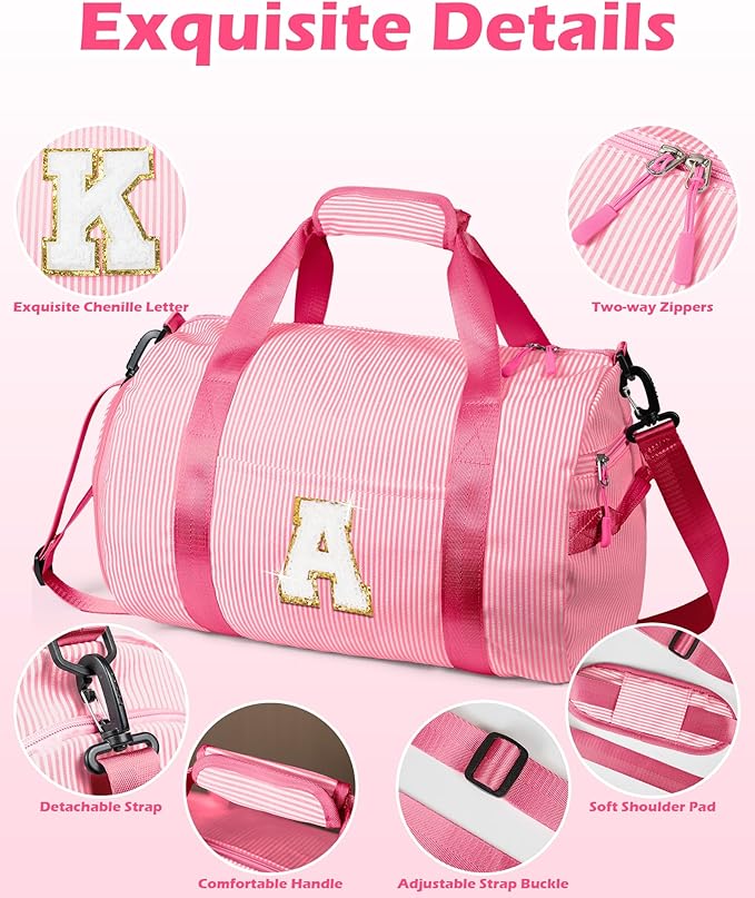 Teen Girl Gifts Trendy Stuff, Girl Gym Bag, Kids Initial Overnight Duffel Bags with Shoe Compartment, Personalized Travel Bag with Makeup Pouch, Birthday Gift for Daughter Niece (Letter F)