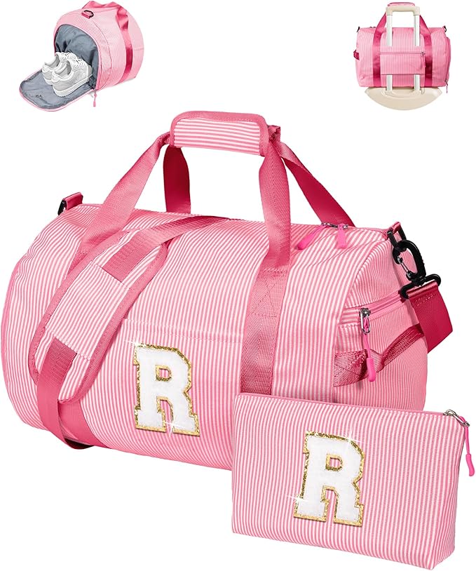Gifts for Teenage Girls, Girl Gym Bag, Kids Initial Overnight Duffel Bags with Shoe Compartment, Personalized Travel Bag with Makeup Pouch, Gift for 3 4 5 6 7 8 Year Old Kid (Letter R)