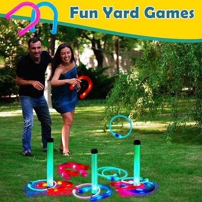 Liliful 20 Pcs Ring Toss Glow in Dark Games Valentines Outdoor Ring Toss Games with LED Yard Ring Toss Game Outdoor Games for Family Adults Lawn Backyard Camping Glow Party Games