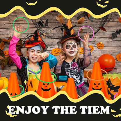 24 PcsHalloween Ring Toss Game Outdoor Carnival Party Games Include 6 Plastic Cones 18 Toss Rings for Halloween Party Games Indoor Outdoor Yard Activities