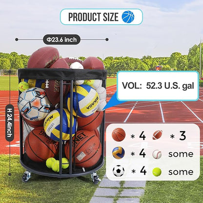 Ball Storage Bin for Garage, Balls Holder for Soccer, Basketball, Ball Cart, Rolling Basketball Rack for Outdoor, Indoor