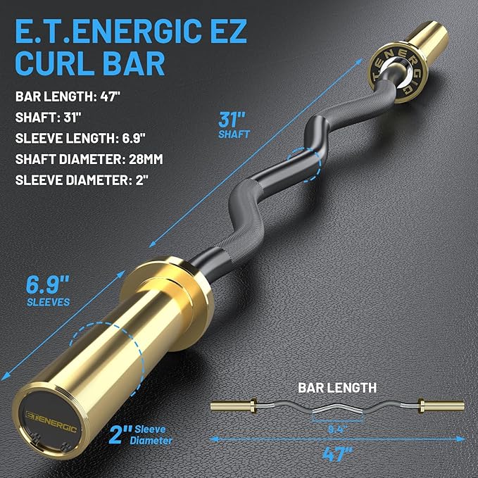 47" Olympic EZ Curl Bar 500-lbs Capacity Steel Barbell Suitable for 2" Weight Plates, 2-Inch Curl Bar for Weight Lifting,Hip Thrusts,Squat,Biceps-Home Gym Weight Bar