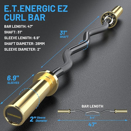 47" Olympic EZ Curl Bar 500-lbs Capacity Steel Barbell Suitable for 2" Weight Plates, 2-Inch Curl Bar for Weight Lifting,Hip Thrusts,Squat,Biceps-Home Gym Weight Bar