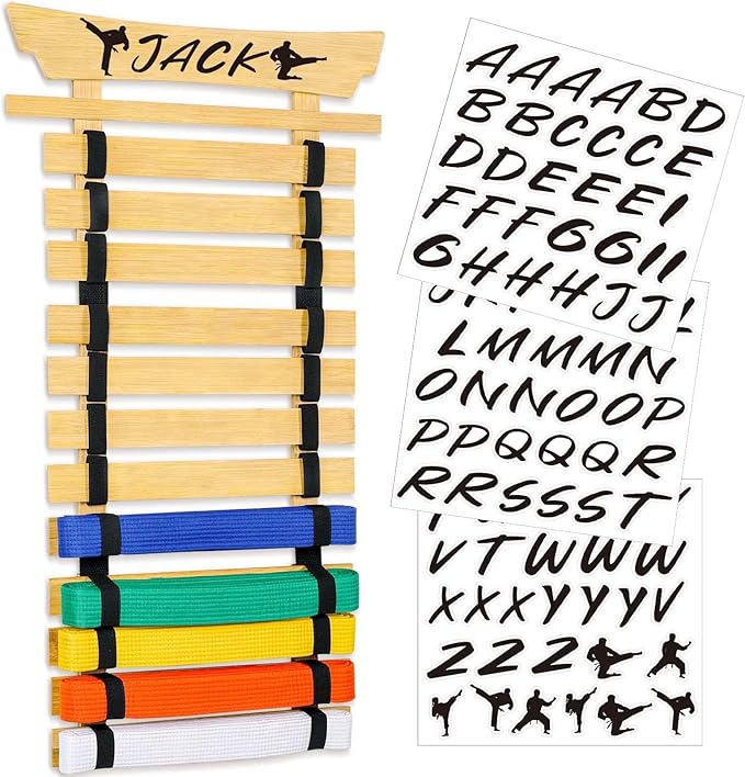 12 Belts Karate Belt Display Rack with Stickers, Martial Arts Belt Display Holder, Taekwondo Belt Jiu Jitsu Belt BJJ Belt Display Hanging Holder for Adults