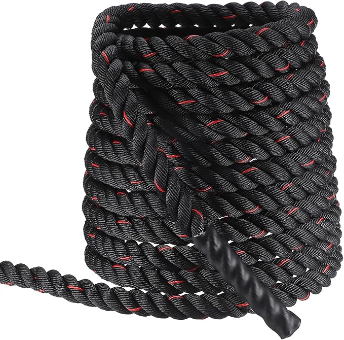 MECCANIXITY Battle Rope 50ft x 1.5 Inch Polyester Workout Rope Heavy Fitness Exercise Rope for Strength Training Home Gym Muscle Building, Black Red