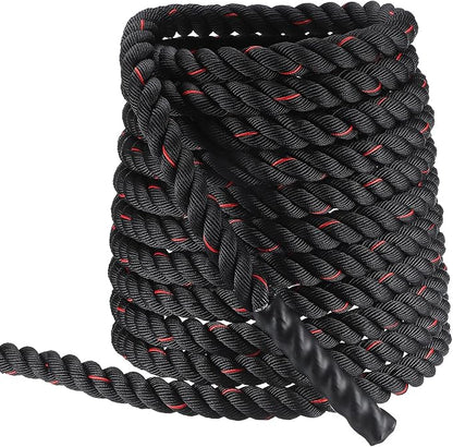 MECCANIXITY Battle Rope 50ft x 1.5 Inch Polyester Workout Rope Heavy Fitness Exercise Rope for Strength Training Home Gym Muscle Building, Black Red