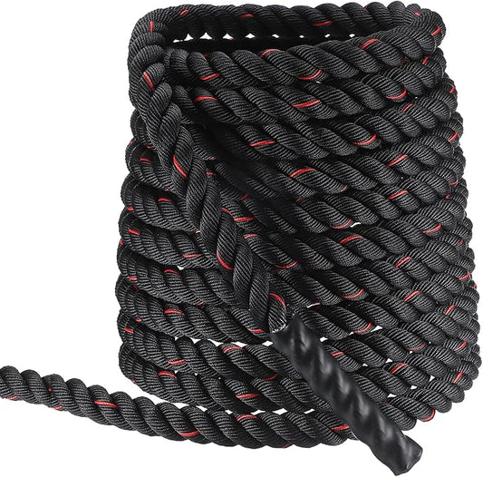 MECCANIXITY Battle Rope 50ft x 1.5 Inch Polyester Workout Rope Heavy Fitness Exercise Rope for Strength Training Home Gym Muscle Building, Black Red