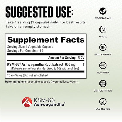 NutraBio Ashwagandha KSM-66 | Ashwaganda Herbal Supplement for Stress, Mood, & Performance | 600 MG of Clinically Studied KSM66 60 Capsules