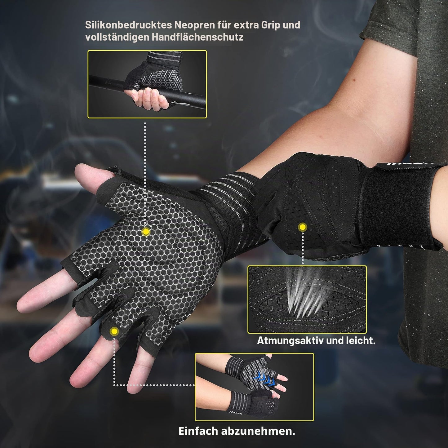 ihuan Ventilated Weight Lifting Gym Workout Gloves with Wrist Wrap Support for Men & Women, Full