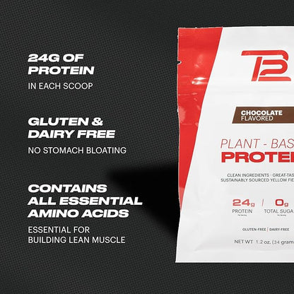 TB12 Plant Based Protein Powder by Tom Brady, 24g of Vegan Pea Protein, Low Sugar, Low Carb, Non-GMO, Meal Replacement, Keto Friendly, Paleo, Sugar Free, Chocolate Flavor (1.12 Ounce / 12 Pack)