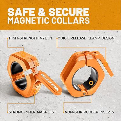 Magnetic Barbell Collars [Bells of Steel] Premium Weight Bar Clamps, Quick Release Barbell Clips, Olympic Barbell Clamps, Rubberized Gym Clips for Weightlifting Bar, Pair, Orange