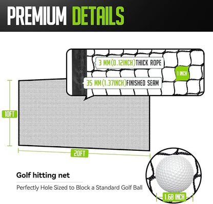Golf Net, 10x20ft Golf Practice Net with Carry Bag, Double Finished Seam, Durable and Portable, Hitting Net for Backyard, Multiple Sports Net Barrier Net Indoor Outdoor Use