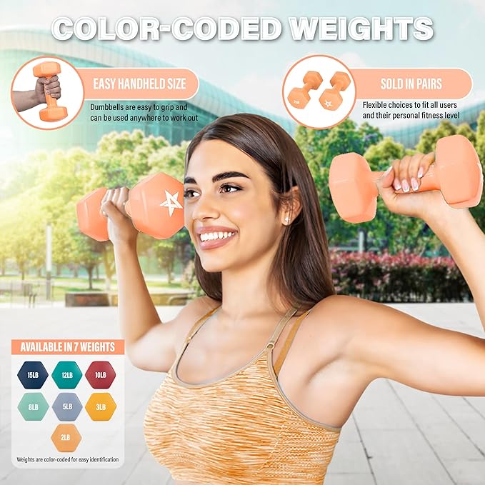 Yes4All Vinyl Hexagon Dumbbell - Dumbbells Set of 2 Hand Weights for Home Gym & Strength Training (2-15 lbs Weight Options)