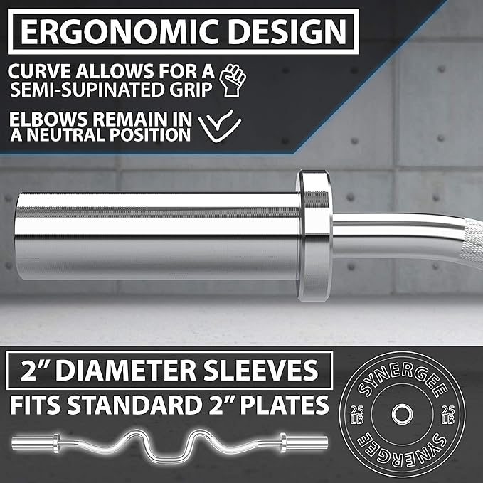 Synergee Commercial Super EZ Curl Olympic Bar Chrome, Black Phosphate and Red with Powder Coated Brass Bushings Excellent for Bicep Curls and Triceps Extensions