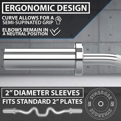 Synergee Commercial Super EZ Curl Olympic Bar Chrome, Black Phosphate and Red with Powder Coated Brass Bushings Excellent for Bicep Curls and Triceps Extensions