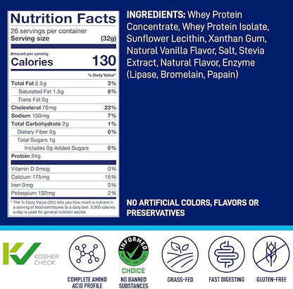 LeanFit WHEY Protein Natural Vanilla ??100% Whey Protein Powder, 24g Protein Per Serving ??Grass-Fed, Gluten-Free, Low Carb, BCAAs, Amino Acid ??23 Servings, 1.83 Pound Tub