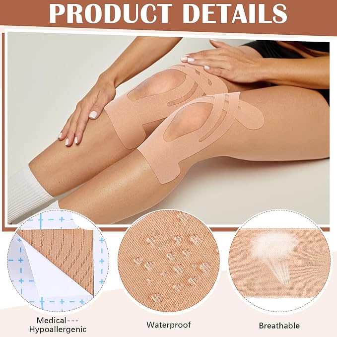 50 Pcs Precut Kinesiology Tape for Knees Pain Relief Elastic Waterproof Athletic Knee Tape for Support Stability Sports(Skin Color)