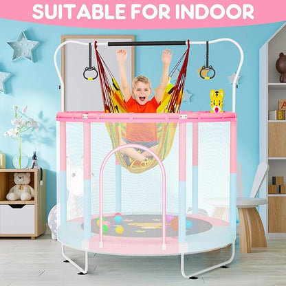 60" Trampoline for Kids, 5 FT Indoor & Outdoor Toddler Baby Trampoline with Basketball Hoop, Safety Enclosure, Birthday Gifts for Kids, Gifts for Boy and Girl, Age 3-8