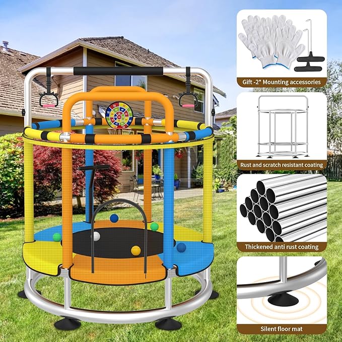 Trampoline for Kids, Full Anti-Rust 440lbs Anti-Rollover Round Bottom Toddler Trampoline, T-handrail Adjustable Baby Toddler Trampolines Dart Board