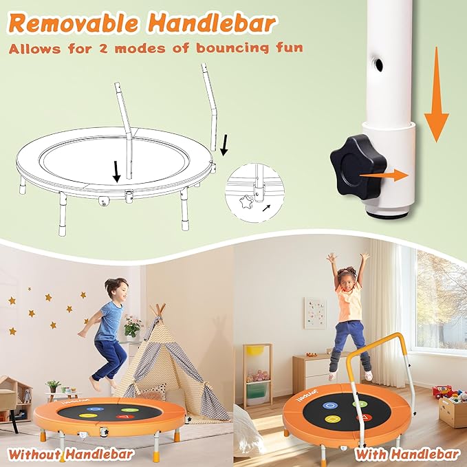 3FT Toddler Trampoline with Adjustable Handlebar, 36" Foldable & Spring-Free, Mini Kids Indoor Outdoor Trampoline for Ages 1-6, Noiseless Jumping Mat, Safe & Sturdy Design, Supports Up to 100 lbs