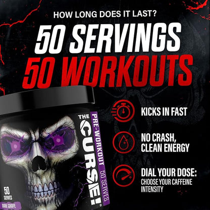 JNX SPORTS The Curse! Pre Workout Powder for Men & Women, Caffeine, Beta-Alanine, Creatine, L-Citrulline, 50 Servings, Dark Grape Flavor ??Boost Energy, Strength & Focus