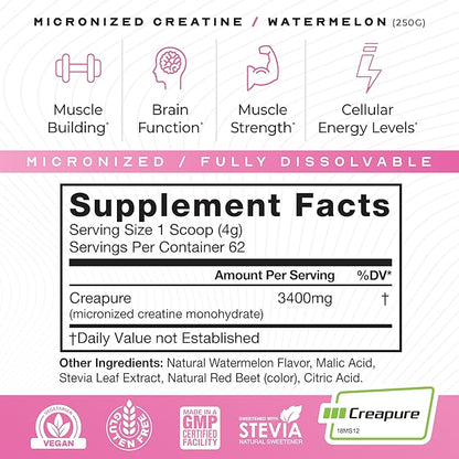 Muscle Feast Creapure - Micronized Creatine Monohydrate Powder | Premium Pre-Workout or Post-Workout | Flavored Creatine for Women & Men | Easy to Mix, Gluten-Free, Safe and Pure, (Watermelon, 250g)