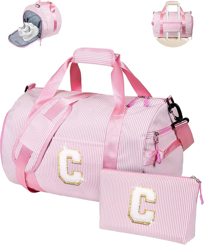 Teen Girls Gifts Trendy Stuff, Girl Gym Bag, Kids Initial Overnight Duffel Bags with Shoe Compartment, Personalized Travel Bag with Makeup Pouch, Pink Gift for Niece (Letter C)