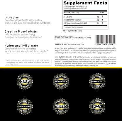 L-CREATINE Supplement: Creatine Monohydrate w/Leucine Amino Acid and HMB – Supports Muscle Mass, Strength, Recovery & Performance + Reduce Fat – Vegan, 11oz (330g) Powder