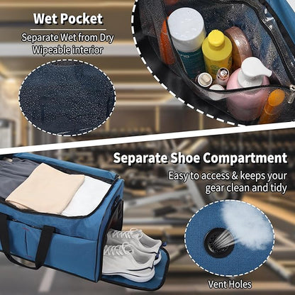 21 inch Gym Bag for Men with Shoe & Wet Compartment - 55L Duffle Bag for Travel Sport (Blue)